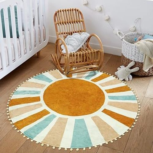 LIVEBOX Retro Sun Round Rug 4ft Boho Rug for Nursery Room,Non-Slip Circle Ultra Soft Cute Colorful Kids Rug for Bedroom,Washable Throw Area Rug Carpet for Living Room Indoor Office