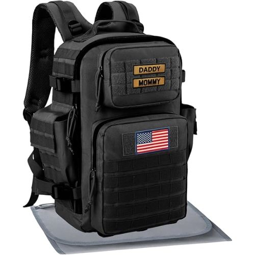 SHARKMOUTH Diaper Bag Military for Men - Large Baby Backpack with Changing Pad for Active Dad - Insulated for Outdoor Travel Camping Park Trips Black