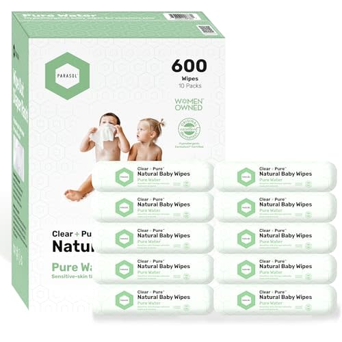 Parasol Clean+Pure Natural Baby Wipes 99% RO, pH Balanced, Hypoallergenic Formula Baby Wipes Plant-Based Alcohol Free Baby Wipes, Perfect for Sensitive Skin 60 Wipes Per Pack, Pack of 10