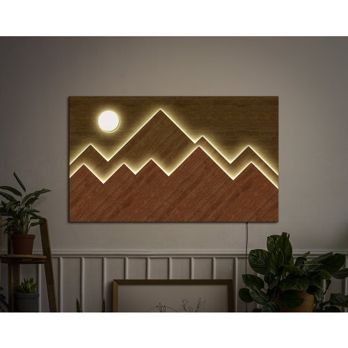 Mountain Wall Art with led, Geometric Mountains neon sign, Wood Wall Art Mountains, Mountain Wall Led Decor, Modern Above the bed decor