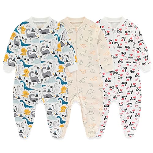MAMIMAKA Newborn Baby 2-way Zipper Romper Cotton One-piece Jumsuit 3-pack, 0-24 Months