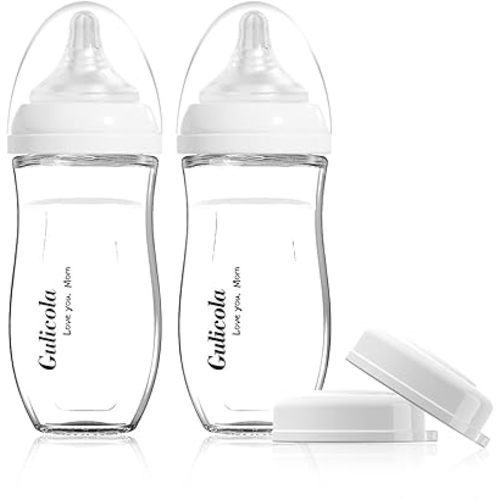 Gulicola Natural Glass Baby Bottle for Breastfed Babies, Anti-Colic Baby Bottle Set with Medium Flow Nipple, 3 Months +, 8 oz, 2 Pack - White