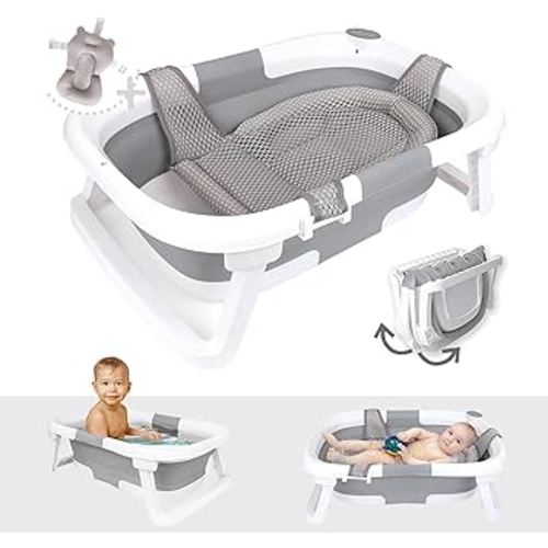 BEBELEH™ Collapsible Baby Bathtub – Bathtub + Baby tub Sling + Newborn Sling – Baby Bathtub Newborn to Toddler 0-24 Months – The Ultimate Travel Baby Bath Tub and Everyday Use! (Gray)