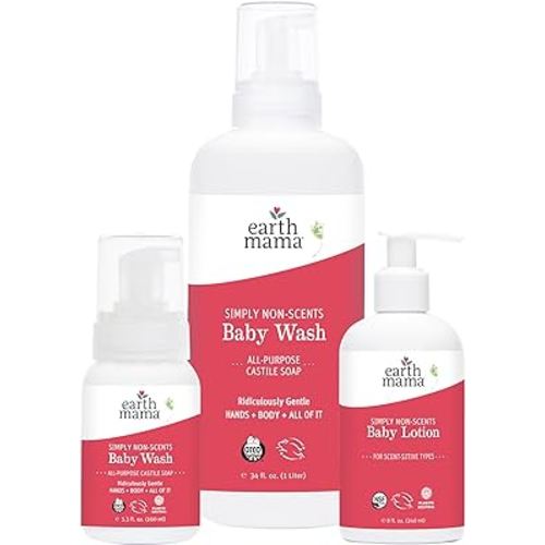 Earth Mama Bathtime Bundle | Simply Non-Scents Castille Baby Wash 5.3-Ounce with 34-Ounce Refill & Moisturizing Calendula Lotion