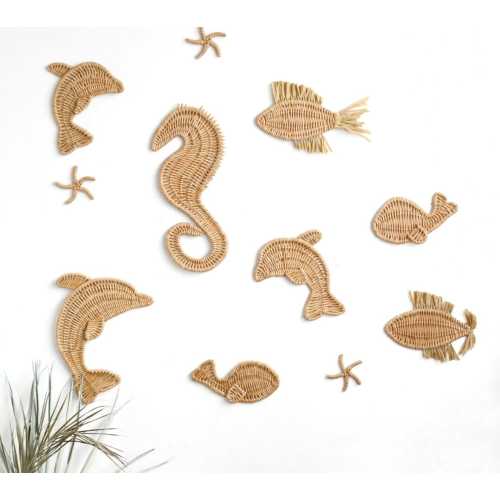 Nautical nursery wall decor, Wall  wicker fish, Nautical wicker wall decor, Seahorse hanging wall decor, Set of marine animals wall decor