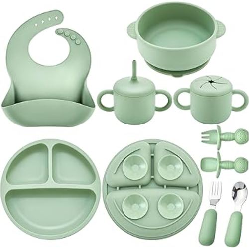 Silicone Baby Feeding Set, Baby Led Weaning Supplies, Eating Essentials Utensils with Suction Plate and Bowl, Pocket Bib, Sippy Cup with Lid, Forks Spoons Snack Container, for 6+ Months, Green
