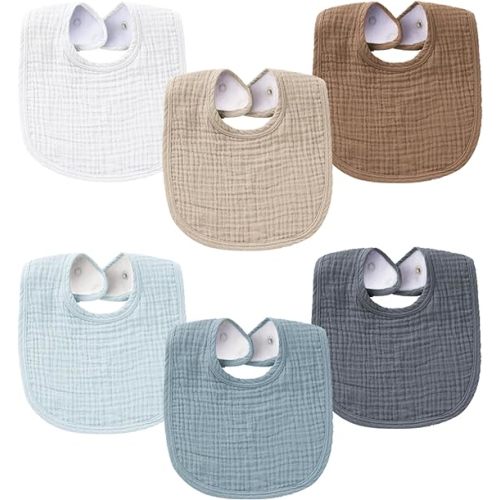Konssy Muslin Baby Bibs for Boys Girls 6 Pack, Cotton Baby Bib for Drooling and Teething, Absorbent & Adjustable Bandana Bibs - Brown
