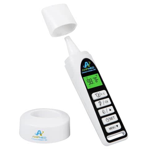 Amplim Baby Thermometer | 3-in-1 Accurate Infrared Thermometer for Ear, Forehead & Touchless, FSA/HSA Eligible Fever Thermometer for Baby, Infants, Toddlers, Kids & Adults | White Base Stand & Clock