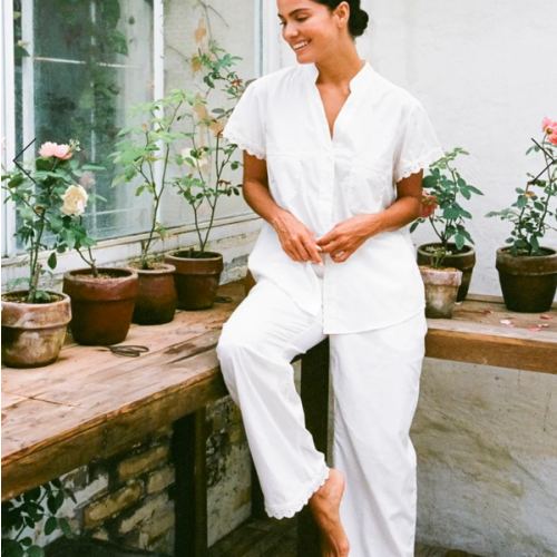 Maggie Pyjama Set - Long Pants - Off White Cotton Modal + Daisy Trim – Piyama USD