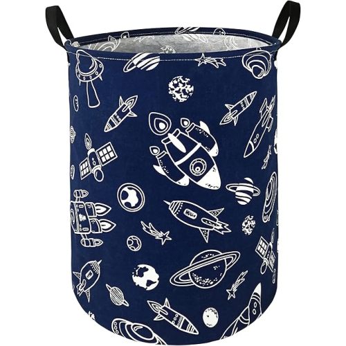 Round Spacecraft Pattern Laundry Hamper Storage Basket Organizer Hamper Storage Bins for Clothes Toys Box Nursery Hamper Gift Basket with Handles