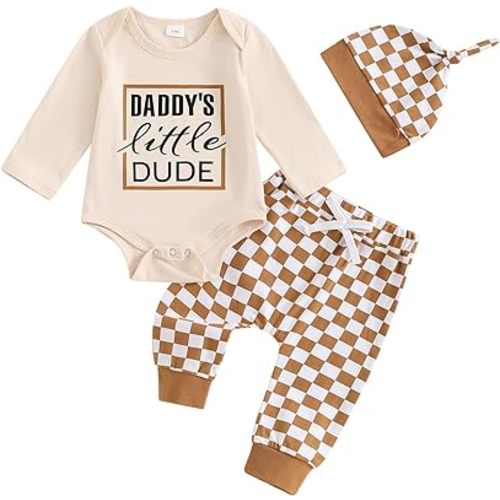 Newborn Baby Boy Outfits Long Sleeve Letter Print Romper Checkerboard Pants Hat Sets Infant Boy Fall Winter Clothes