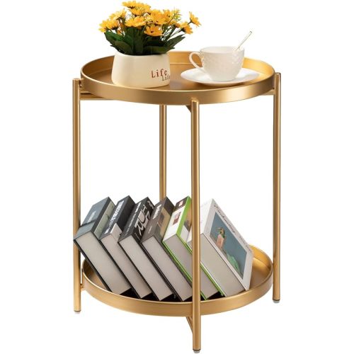 TeoKJ 2 Tier Gold Side Table, Folding Round Metal End Table Small Nightstand Accent Table with Two Removable Tray for Bedroom Living Room Small Spaces Bedside Gold