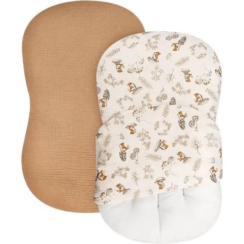TANOFAR Muslin Baby Lounger Cover 2 Pack, Organic 100% Cotton Removable Slipcover for Newborn, Baby Padded Lounger Infant Floor Seat Cover Boys Girls, Soft and Breathable, Brown & Squirrels