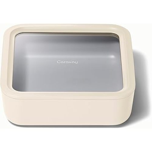 Caraway Glass Food Storage, 10 Cup Glass Container,Ceramic Coated Food Container,Easy to Store, Non Toxic, Non Stick Lunch Box Container with Glass Lids. Dishwasher, Oven,Square Shape,Cream