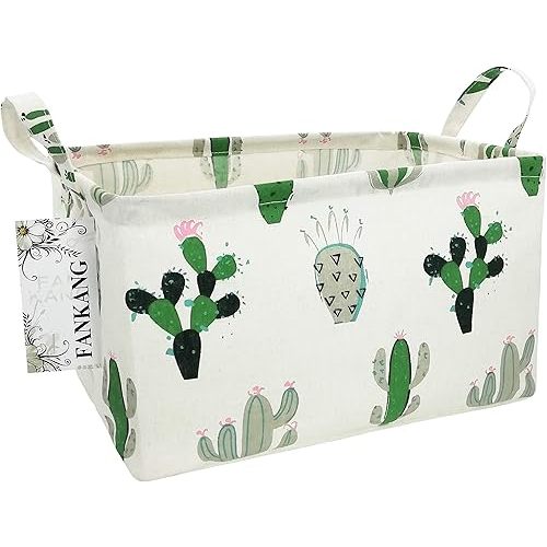 Storage Basket, Nursery Hamper Canvas Laundry Basket Foldable with Waterproof PE Coating Storage, Office, Bedroom, Clothes,Toys (L, Rec-Cactus)