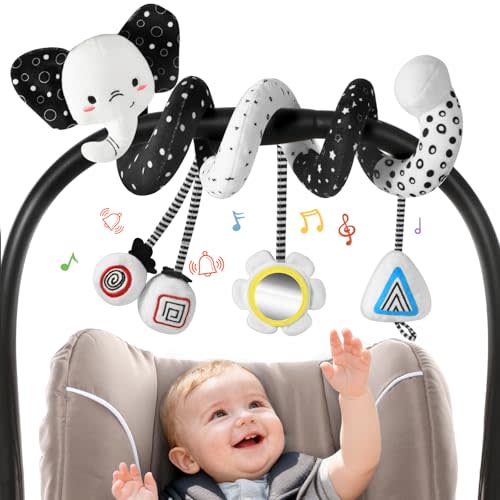 URMYWO Spiral Car Seat Toys for Babies 0-6 Months, Black and White Baby Toys, High Contrast Baby Toys for Newborn, Hanging Toy Fits Stroller, Shower Gift for Boys Girls