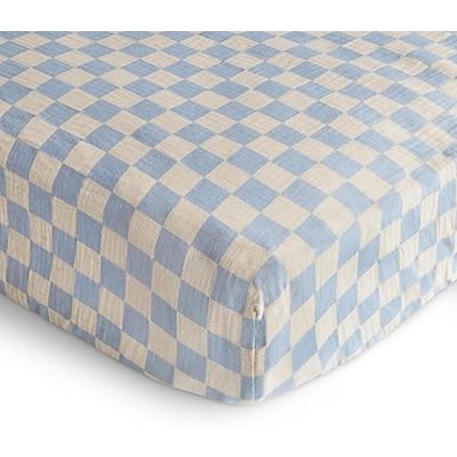 mushie Extra Soft Muslin Fitted Crib Sheet | 192 Thread Count | 28"x 52" (Blue Check)