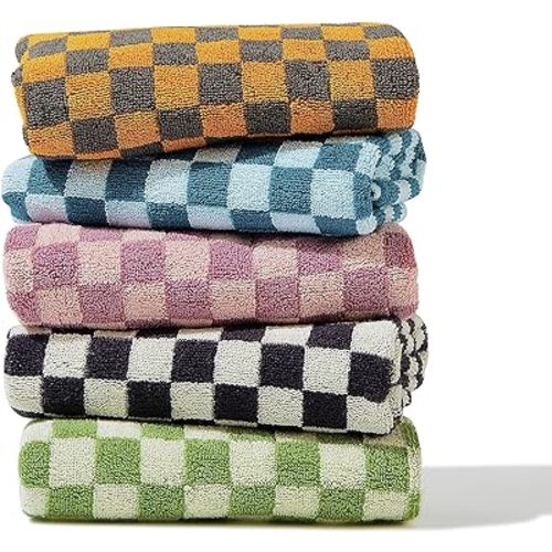 Hand Towels 5 Pack - Cotton Face Towels Soft, Absorbent, and Decorative Checkered Design for Bathroom, Kitchen, Gym, and Spa - 13 x 29 Inches for Any Occasion