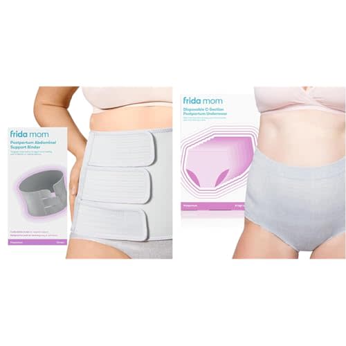 Frida Mom Belly Binder, Adjustable Compression Wrap + Postpartum Disposable High Waist Underwear, Size Regular (Waist 28"-42" Stretched), 8 Count, C-Section Recovery Bundle