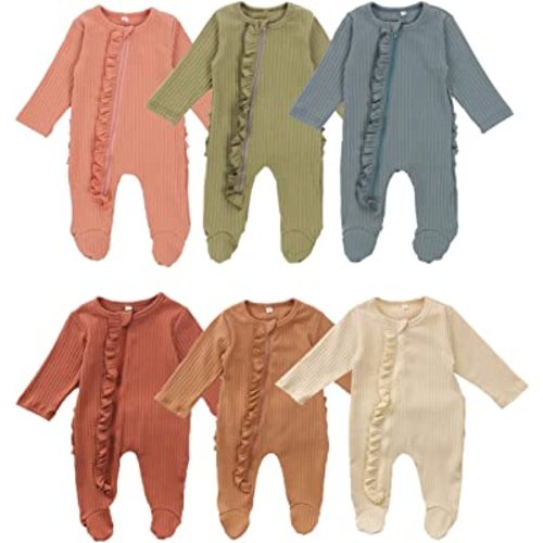 Lelloing Newborn Long Sleeve Romper Infant Girls Solid Color Footed Onesie Ribbed Jumpsuit Unisex Basic Pajamas(Pajama-Beige,0-3M)