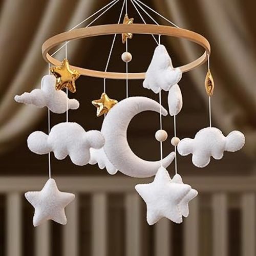 Moon with Clouds and Stars Baby Mobile for Crib - Moon with Cloud and Star Nursery Decor - Gender Neutral Baby Gift
