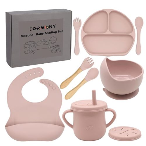 100% Silicone Baby Feeding Set,BPA Free Baby Dishes Set with Suction Bowl Divided Plate,Toddler Self Feeding Dish Set with Spoons Forks Sippy Cup and Bib, Baby Eating Utensils (Pink)