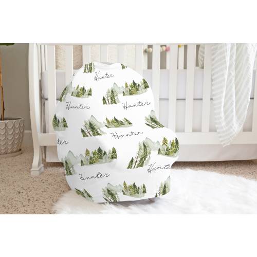 Mountains Car Seat Cover, Woodland Carseat Canopy, Boy Nursing Cover, Forest Carseat Cover, Breastfeeding Cover, Pine Trees - Wig
