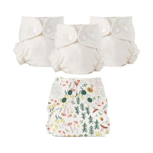 Esembly Cloth Diaper Bundle Set - 3 Organic Cotton Absorbent Inners and 1 Waterproof Outer Diaper Cover - Reusable, Washable, Snap Closure Cloth Diapers - Size 1 (7-17lbs), Fantastic Fungi
