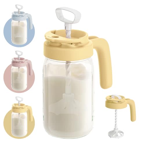 Papablic Glass Breastmilk Pitcher, Formula Mixing Pitcher with Mixing Handle Lid, Wide Mouth Mason Jar Mixer with Flip Locking Spout, Easy to Clean, BPA Free, Yellow