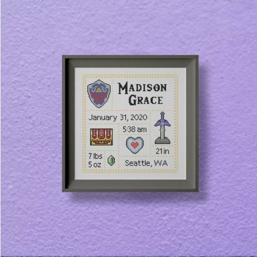 Legend of Zelda Birth Record Baby Announcement Nursery Decor Video Gamer Geeky Cross Stitch Pattern PDF Instant Download