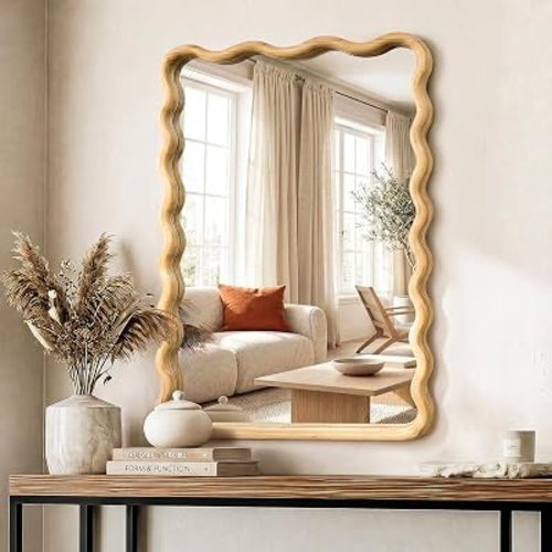 Wavy Wood Bathroom Mirror, 20" x 30" Boho Vanity Mirror for Wall