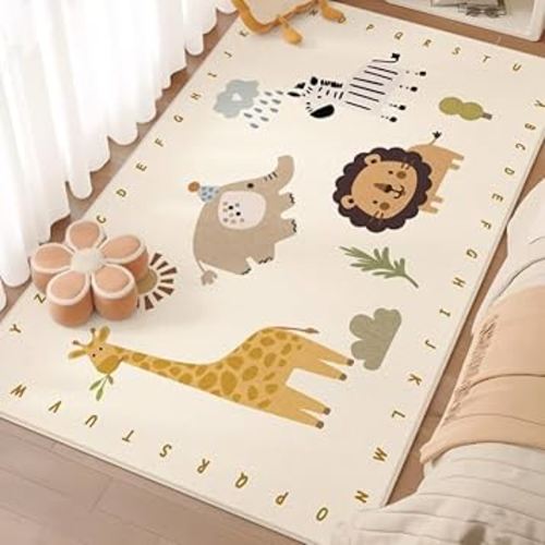Poowe Cute Zoo Rug for Kids Room Boy & Girl -Colorful Alphabet Circle Area for Playroom, Nursery, Classroom, Bedroom - Non-Slip, Soft Play Mat for Baby, Neutral Toddler, Children -3.3Ft x 5.3Ft