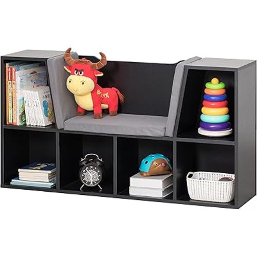 Basicwise Black Modern Multi-Purpose Bookshelf with Storage Space and Gray Cushioned Reading Nook