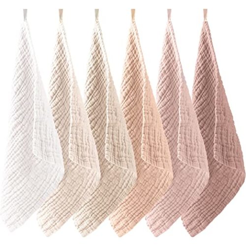 Konssy 6 Pack Baby Muslin Washcloths for Unisex 100% Cotton Wash Cloth Set for Baby Face Body Comfy and Soft for Newborn Infants Kids Girls and Boys - Earthy Color - 11" x 11" (6 Pack)