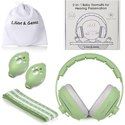 Lilian&Gema 2-in-1 Baby Ear Muffs Noise Protection, Adjustable Baby Headphones with Stretchy Band, Noise Cancelling Headphones for Baby & Toddler up to 4 Years, Baby Airplane Essentials/Outdoor, Green