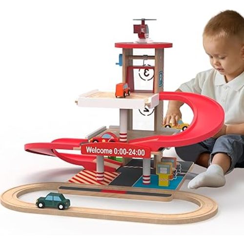 Toy Car Garage with Rails, Wooden Parking Garage Toy Playset w/Elevator, Toddler Race Car Ramp Track Toy Set with 4 Mini Cars for Old Boys and Girls Kids Ages 3+ Birthday Gift Christmas