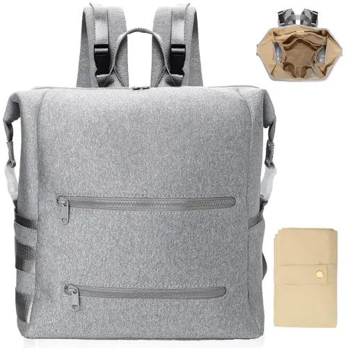 Diaper Bag Backpack,Large Neoprene Baby Bag for Boys Girls with 15 Diaper Bag Organizer,2 Insulated Pockets,Changing Pad,Stroller Straps,Gray