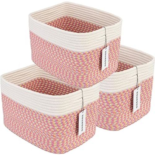 Cotton Rope storage Basket Bins Woven Basket for Organizing Shelves Rectangle Decorative Baskets For storage Clothes Toys Books Towels Square Wicker Nursery basket organizer 3 pack light pink