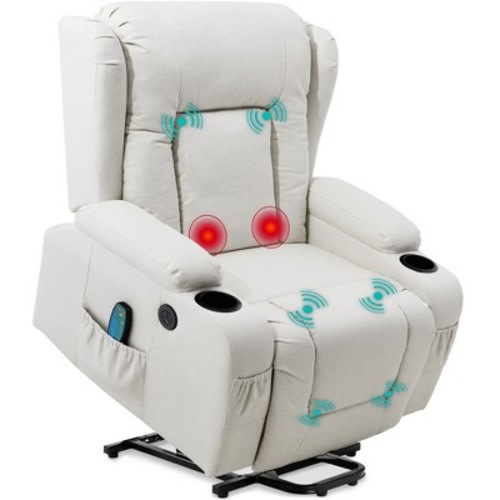 Best Choice Products Electric Power Lift Linen Recliner Massage Chair Furniture w/ USB Port, Heat, Cupholders, Color: Ivory