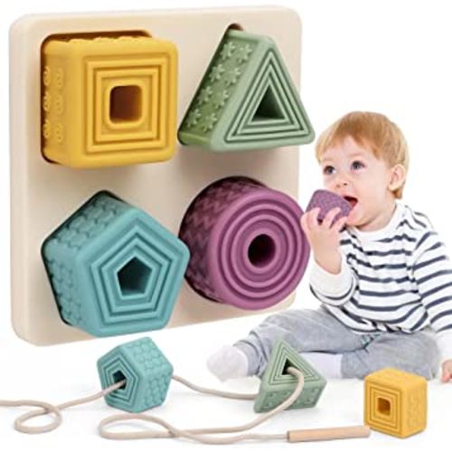 BOBXIN Baby Stacking Building Soft Block Toys, Infant Shape Sorter with Sensory Texture, Educational Learning Toy for Play Matching & Threading Game, Silicone Teething Toys for Babies 6-12 Months