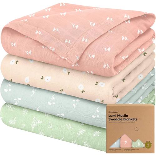 4-Pack Muslin Swaddle Blankets for Boys, Girls - Organic Baby Swaddles for Newborns, Soft & Breathable Receiving Baby Blankets for Girl, Boy, Neutral, Newborn Essentials Gift (Bloom)