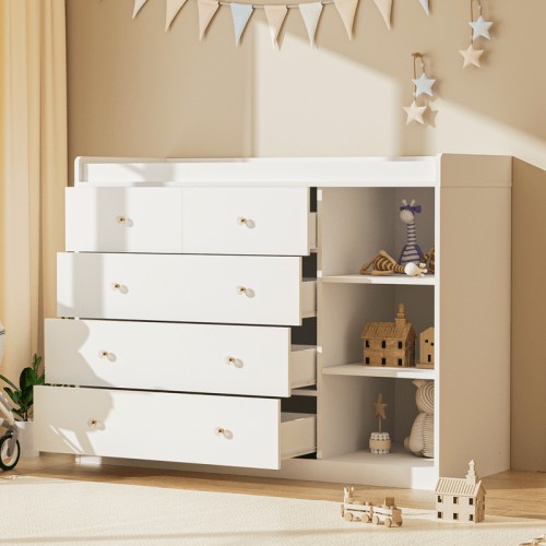 QUNTTINA Baby Changing Table Dresser with 5 Drawers and 3 Storage Cabinet, White
