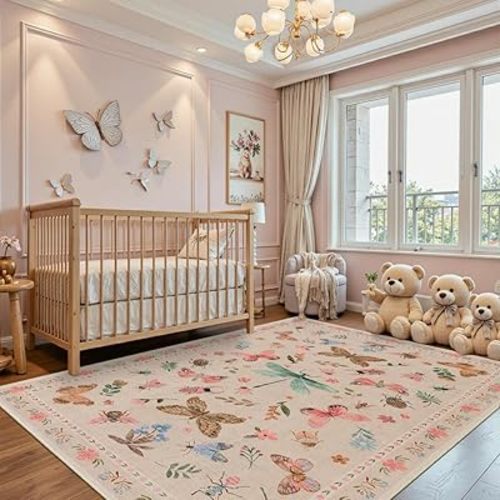 5x7 Pink Boho Floral Insect Area Rug for Living Bedroom Dining