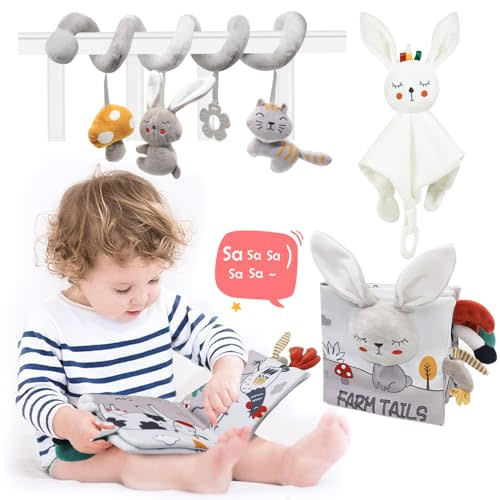 Blublu Park 3 Pcs Car Seat Toys, High Contrast Baby Toys Montessori Tummy Time Toys for Babies 0 3 6 9 12 Months, Sensory Soft Book Toys for Babies Girls Boys Baby Essentials (Rabbit)