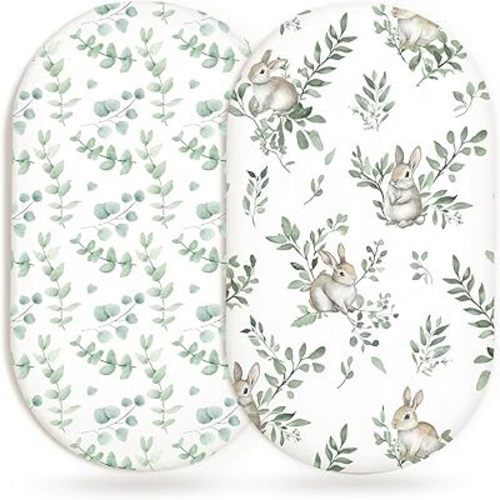 Bassinet Sheets for Baby Girls Boys 2 Pack, Fitted Baby Mattress Sheet for Rectangle, Oval, Hourglass Bassinet Mattress, Breathable Cozy & Universal Fit (Bunny Meadow, Bassinet Sheet)