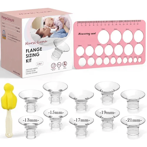 Flange Sizing Kit 3 in 1 Ultimate with 10PCS Flange Inserts 13/15/17/19/21mm, Nipple Ruler, Cleaning Brush, Silicone Flange Insert Kit for 24mm Most Pumps, Pumping Breastfeeding Essentials