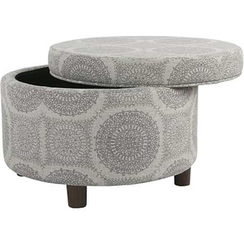 Homepop Home Decor | Upholstered Round Storage Ottoman | Ottoman with Storage for Living Room & Bedroom (Grey Medallion) 24.0 In. X 24.0 In. X 17.0 In.