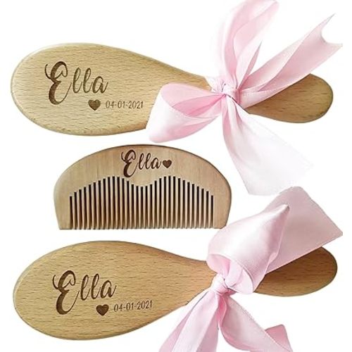 Set of 3 Personalized Baby Hair Brush and Comb Newborn, Custom Wooden Engraved Keepsake for Girl Or Boy, Bath Beauty