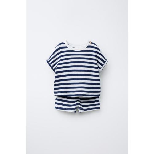 STRIPED WAFFLE T-SHIRT AND BERMUDA SET - Navy blue | ZARA United States