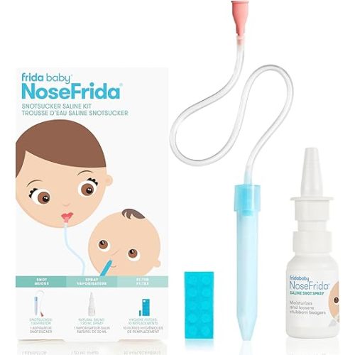 Frida Baby NoseFrida Nasal Aspirator, Snot Sucker Suitable for Newborns and Babies, Baby Nose Sucker with 10 Hygiene Filters + 20ml All-Natural Saline Spray
